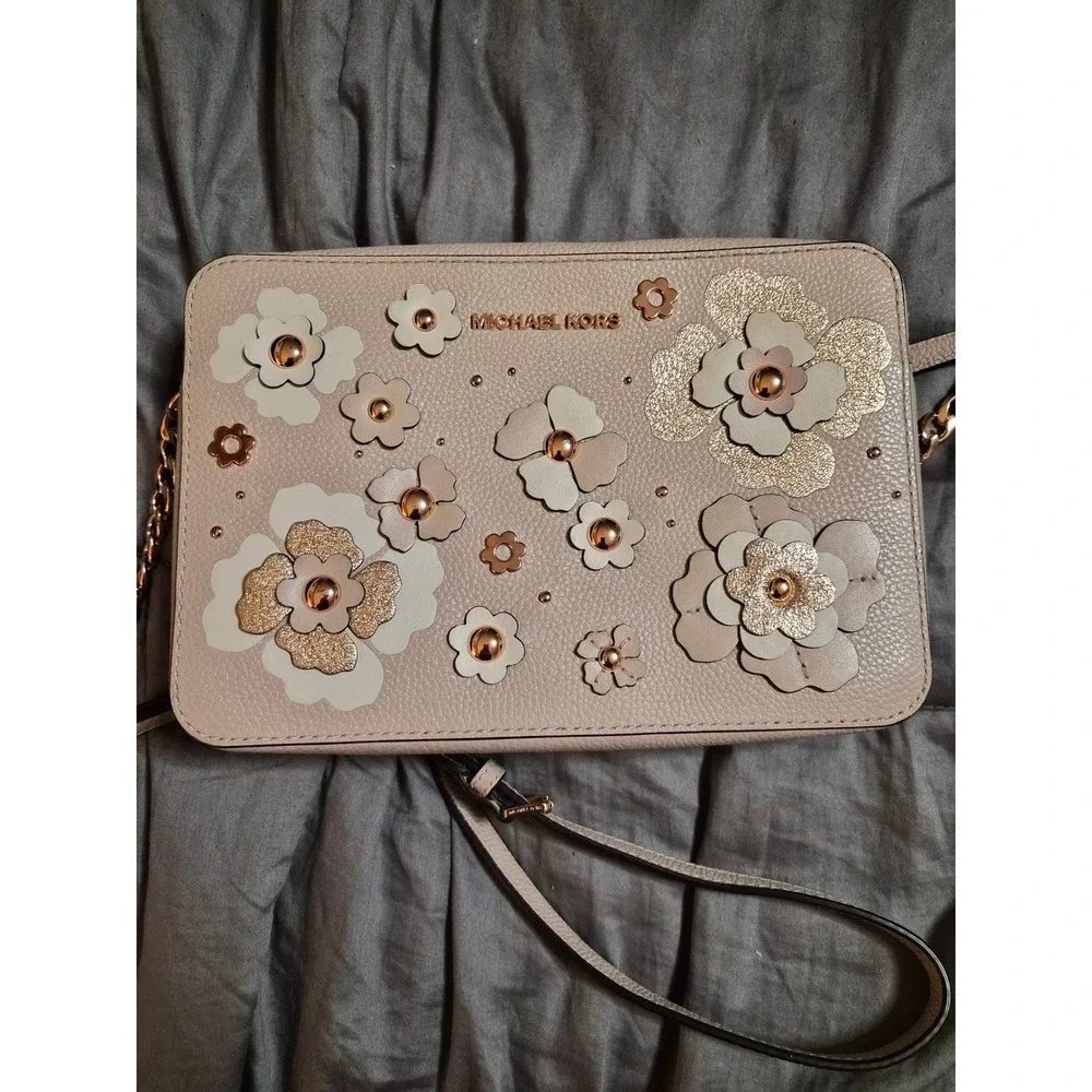 Michael Kors Jet Set EW Floral Applique Crossbody Bag Pink Beige Rose Gold - Picture 12 of 12